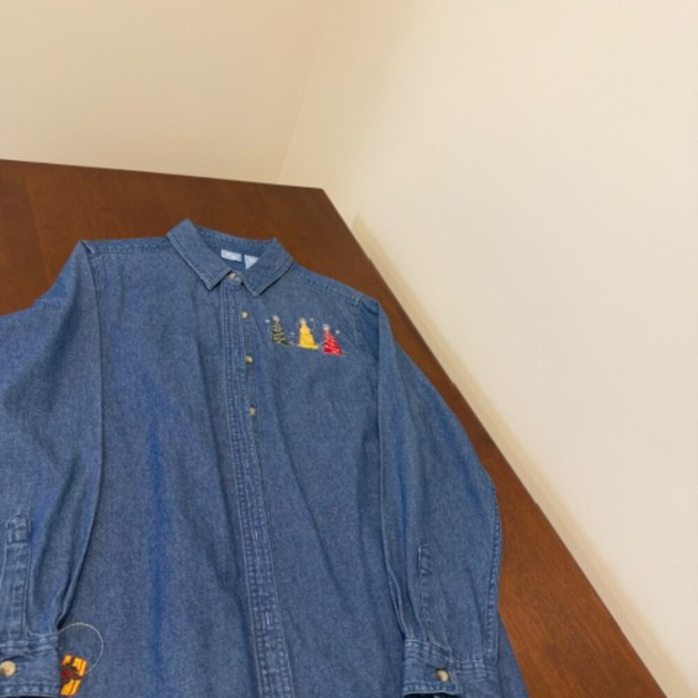 Vintage Holiday Appliqué Embroidered Blue Button-Down Shirt Size L. - Picture 6 of 13